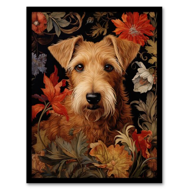 "Artery8 Wall Art Print Golden Sealyham Terrier Dog On Elegant Floral Backdrop William Morris Style Pattern Artwork Art Framed - Size: W12"" x H16""" - image 1