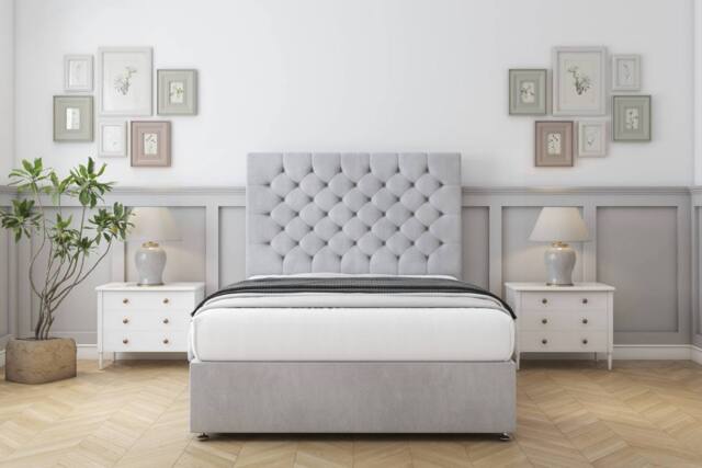 "Sloomy Mayfair Naples Divan Bed Base 2 Drawers Same Side With 26"" Strutted Headboard in Silver - Size: Single" - image 1