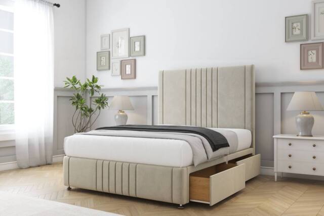 "Sloomy Harrington Plush Divan Set 2 Drawers-26"" Headboard-Footboard in Cream - Size: Small Double" - image 1