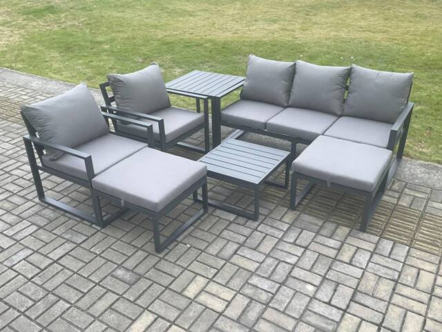Fimous Aluminium Outdoor Lounge Sofa Set Garden Furniture Sets with Square Coffee Table 2 Chairs 2 Big Footstools Side Table Dark Grey 7 Seater - image 1
