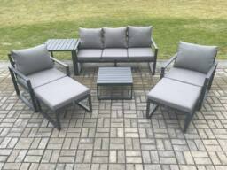 Fimous Aluminium Outdoor Lounge Sofa Set Garden Furniture Sets with Square Coffee Table 2 Chairs 2 Big Footstools Side Table Dark Grey 7 Seater - thumbnail 2