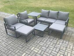 Fimous Aluminium Outdoor Lounge Sofa Set Garden Furniture Sets with Square Coffee Table 2 Chairs 2 Big Footstools Side Table Dark Grey 7 Seater - thumbnail 1
