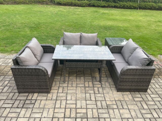 Fimous Wicker PE Rattan Sofa Outdoor Garden Furniture Set with Rectangular Dining Table Side Table Dark Grey Mixed - image 1