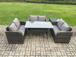 Fimous Wicker PE Rattan Sofa Outdoor Garden Furniture Set with Rectangular Dining Table Side Table Dark Grey Mixed - thumbnail 1