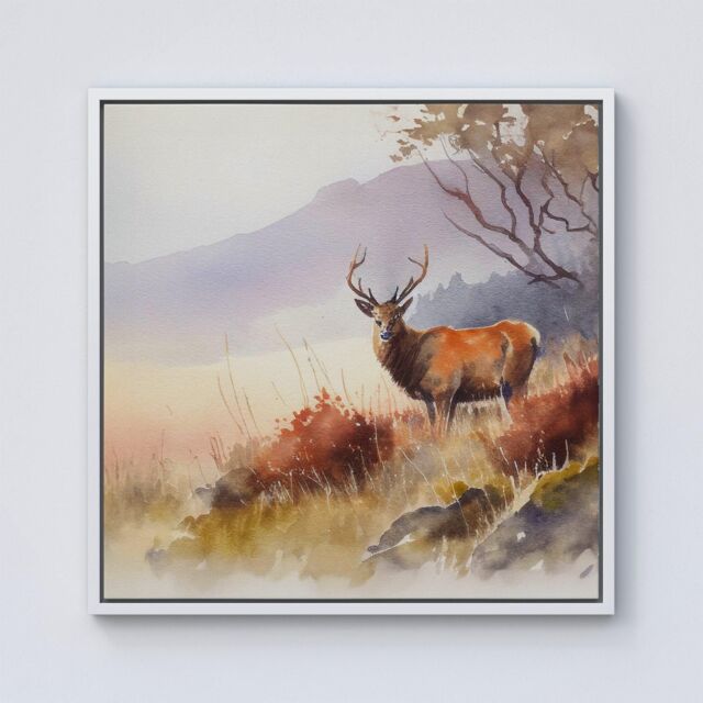 "Warren Reed - Designer Stag Deer Water Colour Framed Canvas in Off-White - Size: W16"" x H16""" - image 1
