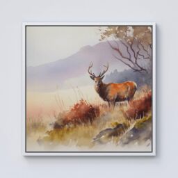 "Warren Reed - Designer Stag Deer Water Colour Framed Canvas in Off-White - Size: W16"" x H16""" - thumbnail 1