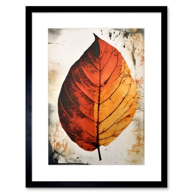 "Artery8 Wall Art Print A Single Amber Orange Autumn Leaf Artwork Framed 9X7 Inch in Black - Size: W7"" x H9""" - image 1