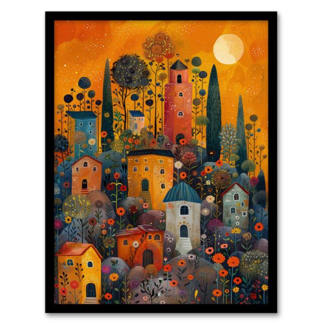 "Artery8 Wall Art Print Flower Hill Village Sunset Folk Art Framed Poster in Black - Size: W12"" x H16""" - image 1