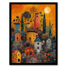 "Artery8 Wall Art Print Flower Hill Village Sunset Folk Art Framed Poster in Black - Size: W12"" x H16""" - thumbnail 1