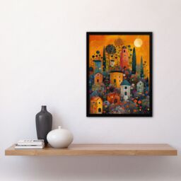 "Artery8 Wall Art Print Flower Hill Village Sunset Folk Art Framed Poster in Black - Size: W12"" x H16""" - thumbnail 4