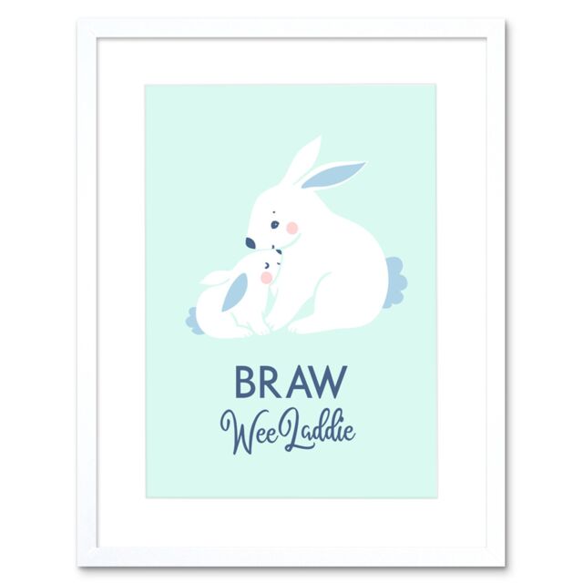 "Artery8 Wall Art Print Braw Wee Laddie New Baby Boy Scottish Rabbit Bunny Framed Art in White - Size: W7"" x H9""" - image 1