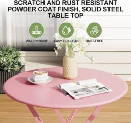 London Boutique 3PCS Foldable Bistro Set Patio Table & 2 Chairs Garden Furniture Set in Pink - thumbnail 5