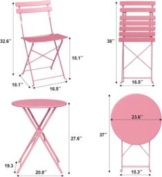 London Boutique 3PCS Foldable Bistro Set Patio Table & 2 Chairs Garden Furniture Set in Pink - thumbnail 2