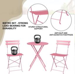 London Boutique 3PCS Foldable Bistro Set Patio Table & 2 Chairs Garden Furniture Set in Pink - thumbnail 7