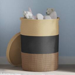 Berkfield Home Storage Basket with Lid Black & Beige √ò37x50 cm Cotton - Size: 37x50 cm - thumbnail 2