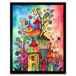 "Artery8 Wall Art Print Country Houses Concept Folk Art Watercolour Painting Art Framed in Black - Size: W12"" x H16""" - thumbnail 1