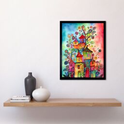 "Artery8 Wall Art Print Country Houses Concept Folk Art Watercolour Painting Art Framed in Black - Size: W12"" x H16""" - thumbnail 2