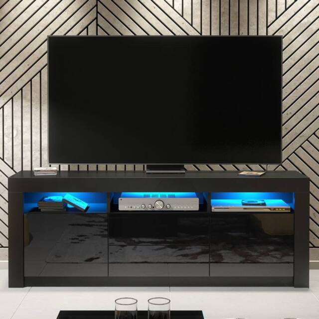 Creative Furniture Shine TV Unit 160cm - Black with Gloss Doors & LED Lights - image 1