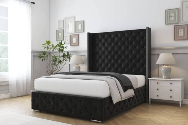 "Comfort Beds Emily Plush Bed Frame - 50"" Upholstered Wingback Headboard in Black - Size: Small Double" - image 1