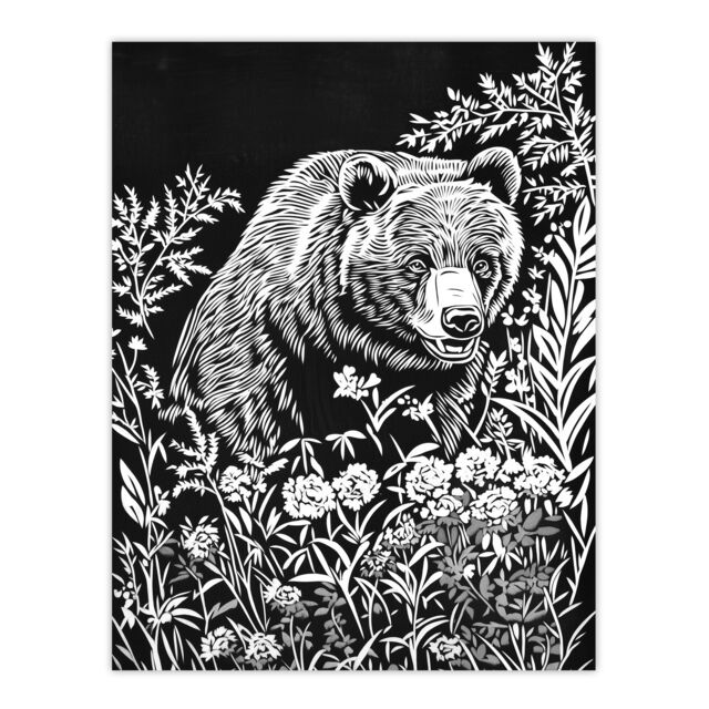 "Artery8 Bear in Wildflower Meadow Black White Floral Wall Art Print - Size: W18"" x H24""" - image 1