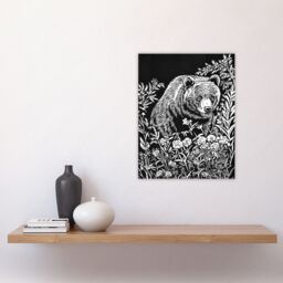 "Artery8 Bear in Wildflower Meadow Black White Floral Wall Art Print - Size: W18"" x H24""" - thumbnail 4