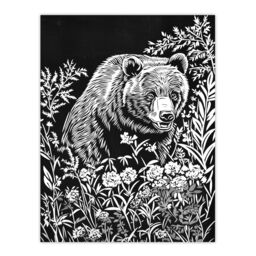 "Artery8 Bear in Wildflower Meadow Black White Floral Wall Art Print - Size: W18"" x H24""" - thumbnail 1