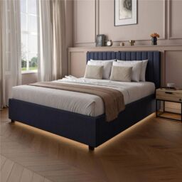 X Rocker Maisie Velvet Upholstered Ottoman Bed with Storage & LED Lights in Navy - Size: King - thumbnail 1