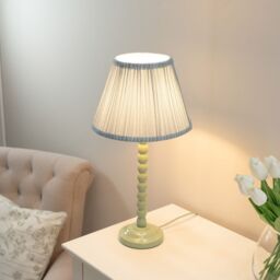 ValueLights Bobbins Sage Green Table Lamp with Tapered Fabric Pleasted Shade & LED Bulb in Pale Blue