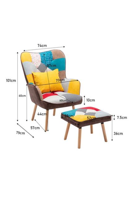 Colorful Patchwork Wingback Accent Chair with Footstool in Blue