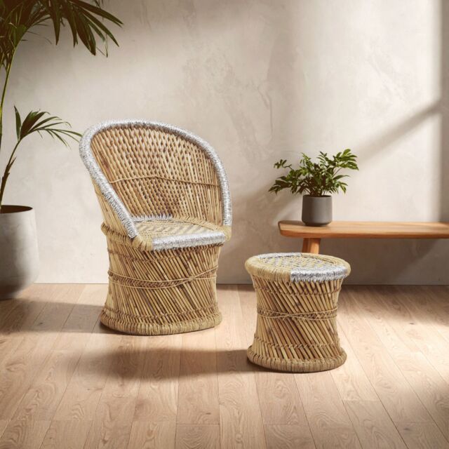 Orsina Comfortable Natural & Grey Chair & Stool, Handwoven Rattan Design Armchair, Bamboo Chair - image 1