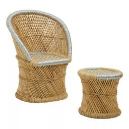 Orsina Comfortable Natural & Grey Chair & Stool, Handwoven Rattan Design Armchair, Bamboo Chair - thumbnail 2