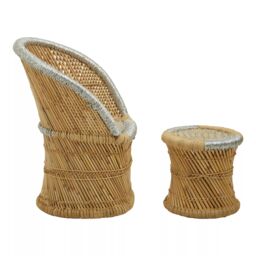 Orsina Comfortable Natural & Grey Chair & Stool, Handwoven Rattan Design Armchair, Bamboo Chair - thumbnail 3