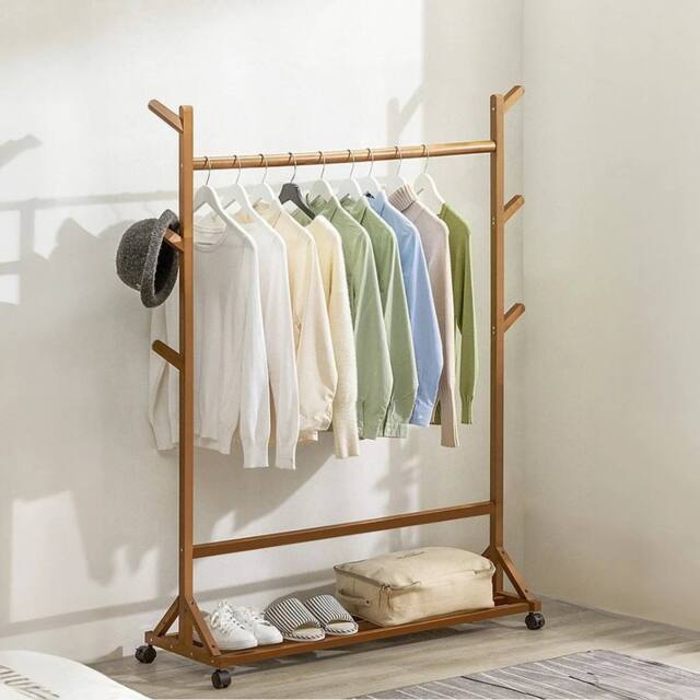 EONLION Wooden Clothes Rail With Wheels Hanging Rack Garment in Brown - Size: 500mm - image 1
