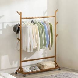EONLION Wooden Clothes Rail With Wheels Hanging Rack Garment in Brown - Size: 500mm - thumbnail 1