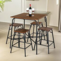 FURNOS 5-Piece Dining Table & Stool Set Kitchen Living Room Industrial in Brown - thumbnail 3