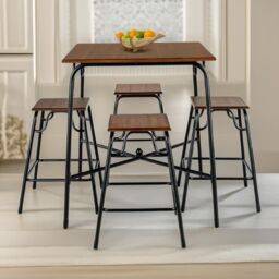FURNOS 5-Piece Dining Table & Stool Set Kitchen Living Room Industrial in Brown - thumbnail 2