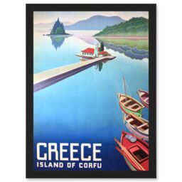 Artery8 Corfu Greece Boats Pier Mount Travel Advert Artwork Framed Wall Art Print A4 in Black - thumbnail 1