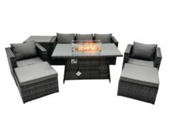 Fimous Rattan Garden Furniture Firepit Dining Set 7 Seater Lounge Sofa Table Set with Side table 2 big Footstool in Dark Grey - thumbnail 1