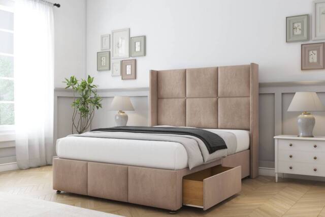 "Comfort Beds Charlie Naples Divan Base 2 Drawers - 54"" Wingback-Footboard in Light Brown - Size: Super King" - image 1