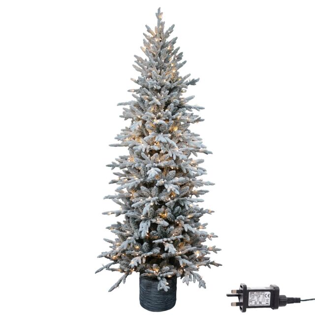 Shatchi 4Ft/1.2m Pre Lit Piedmont Pine Snow Flocked Christmas Tree with 90 Warm White LED in Grey - Size: 5ft - image 1