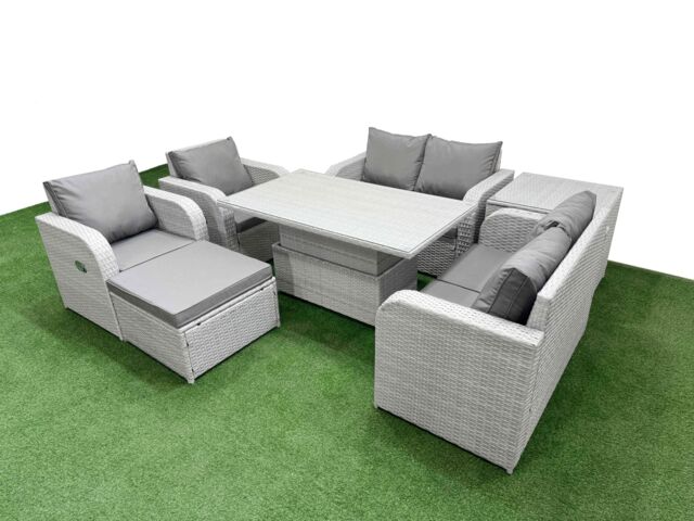 Fimous 7 Seater Outdoor Reclining Chair Love Sofa Set Rattan Garden Furniture Set w/ Adjustable Lifting Dining or Coffee Table Footstool Side Table - image 1