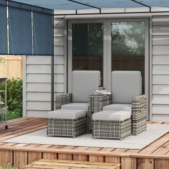 OUTSUNNY Recliner Rattan Sun Lounger w/ Storage Tea Table & Footstools in Grey - image 1