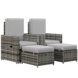 OUTSUNNY Recliner Rattan Sun Lounger w/ Storage Tea Table & Footstools in Grey - thumbnail 2
