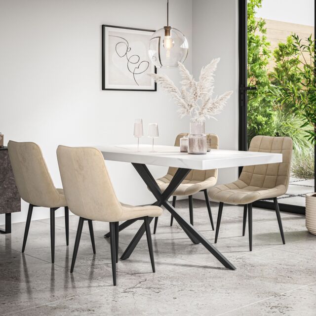 More4Homes Donni Dining Table & Chairs - White Marble Effect Table Top w Black Legs + Nova Velvet Dining Chair Set Of 4 in Beige - image 1