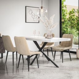 More4Homes Donni Dining Table & Chairs - White Marble Effect Table Top w Black Legs + Nova Velvet Dining Chair Set Of 4 in Beige