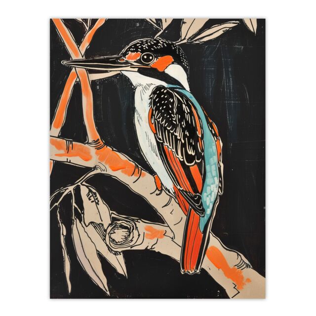 "Artery8 Modernist Kingfisher Bird on Branch Black Orange Wall Art Print - Size: W12"" x H16""" - image 1