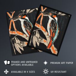 "Artery8 Modernist Kingfisher Bird on Branch Black Orange Wall Art Print - Size: W12"" x H16""" - thumbnail 2