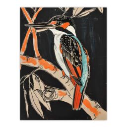 "Artery8 Modernist Kingfisher Bird on Branch Black Orange Wall Art Print - Size: W12"" x H16""" - thumbnail 1
