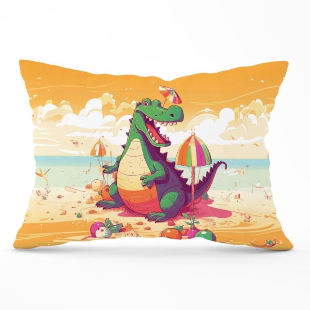 Warren Reed - Designer Crocodile On A Beach Holiday Cushions in Yellow - Size: 60 cm x 60 cm - image 1