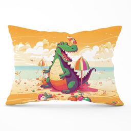Warren Reed - Designer Crocodile On A Beach Holiday Cushions in Yellow - Size: 60 cm x 60 cm - thumbnail 1